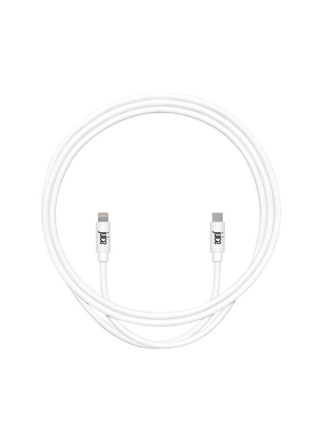 جوس كابل JUICE من USB-C إلى Apple Lightning، مصنوع من مادة TPE قابلة لإعادة التدوير بنسبة 100%، معزز بتقنية الشحن ونقل البيانات، معتمد من MFI للشحن السريع، متوافق مع أحدث الموديلات: iPhone 16، 15، 14، 13، 12، 11 Pro Max، XR، XS، X، 8، SE، وiPad، طوله 1 متر، لونه أبيض. - Image 2